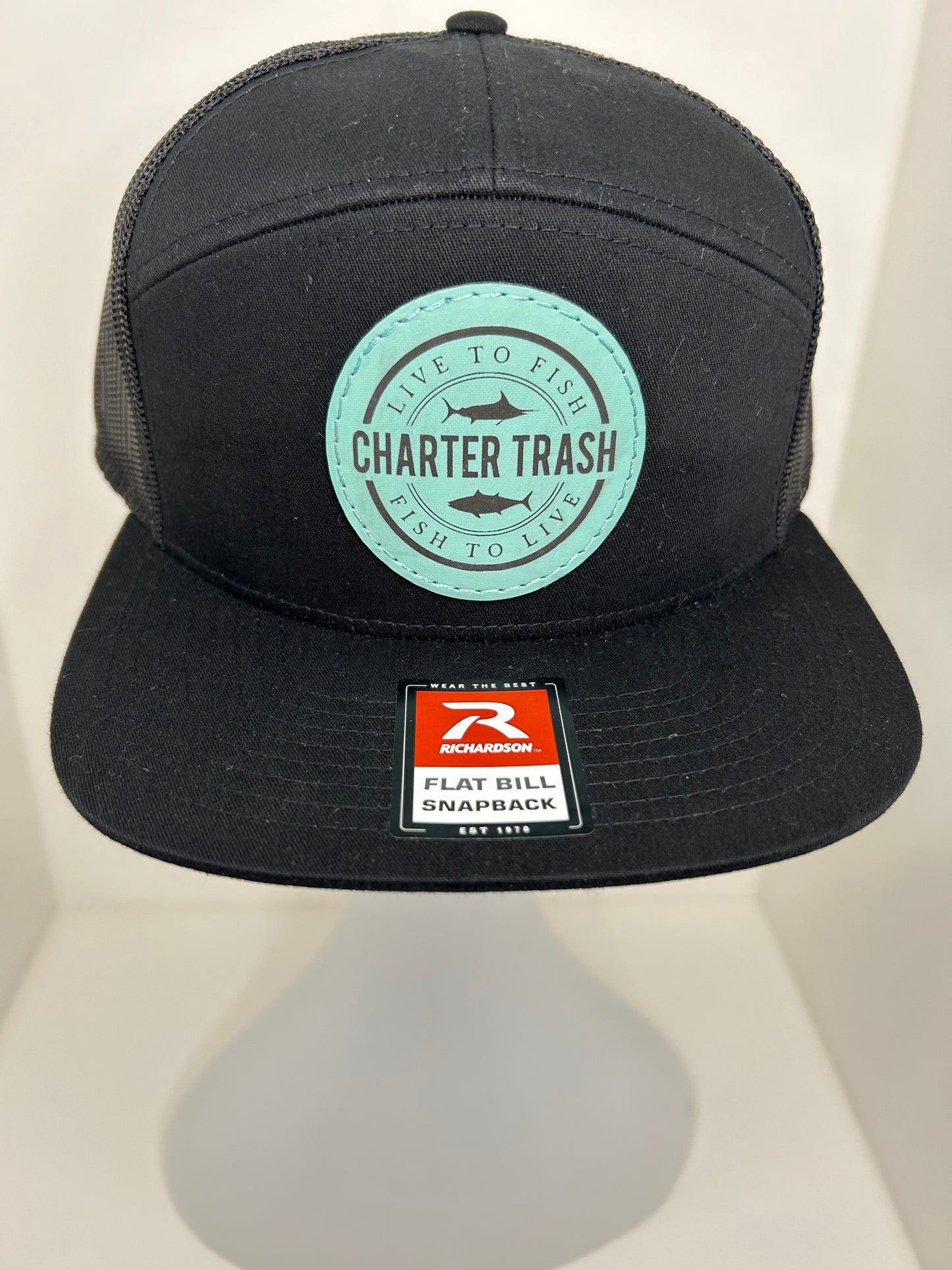 Richardson 168 Black flat bill, OG logo seafoam Leather Patch hat