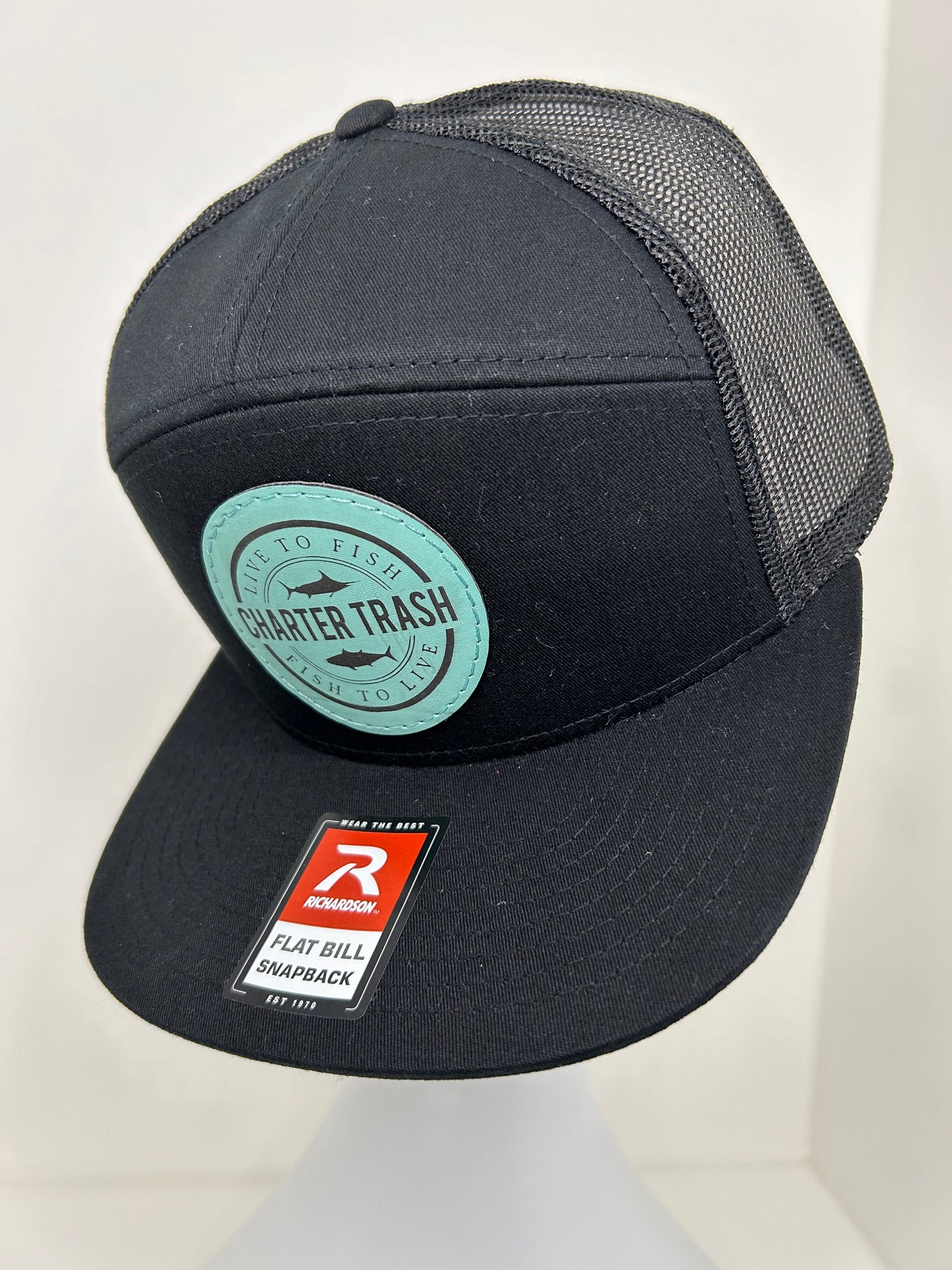 Richardson 168 Black flat bill, OG logo seafoam Leather Patch hat