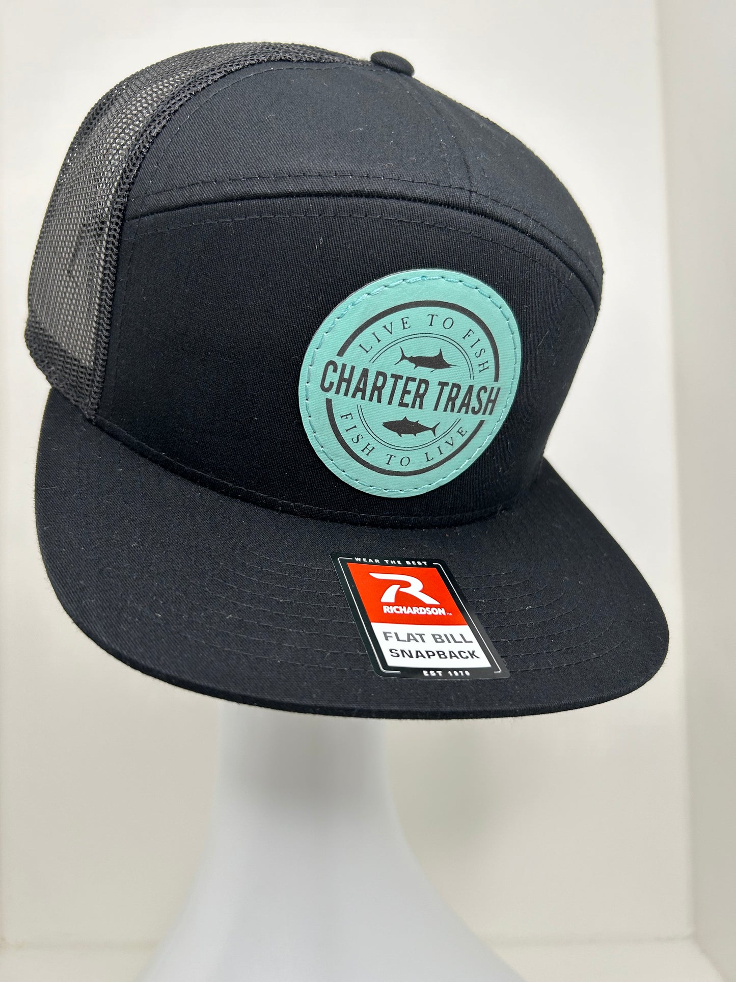 Richardson 168 Black flat bill, OG logo seafoam Leather Patch hat