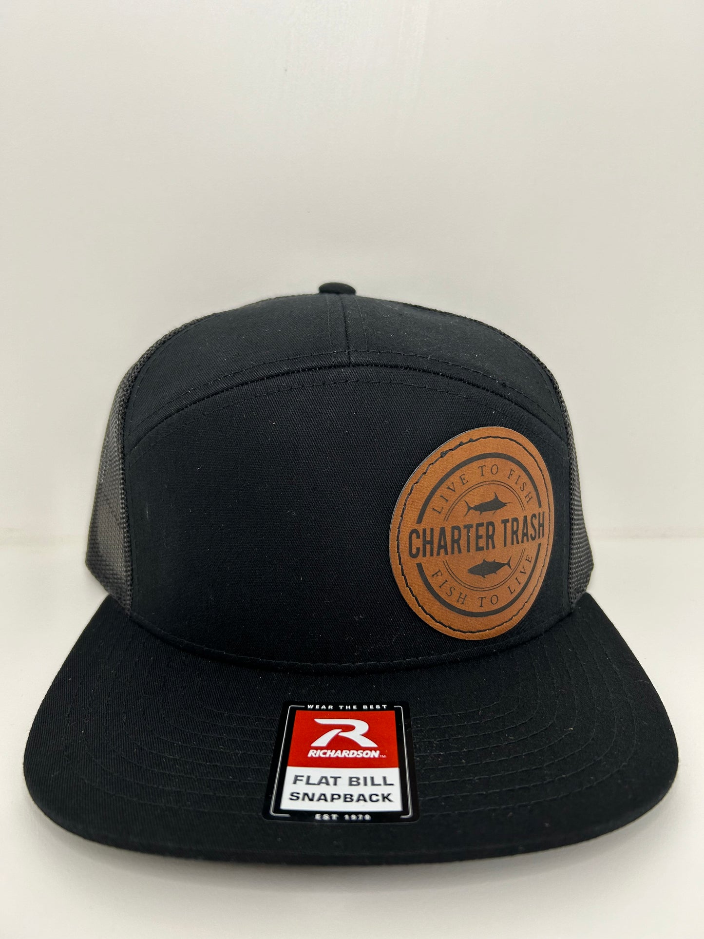 Richardson 168 Black flat bill, OG logo brown Leather Patch hat