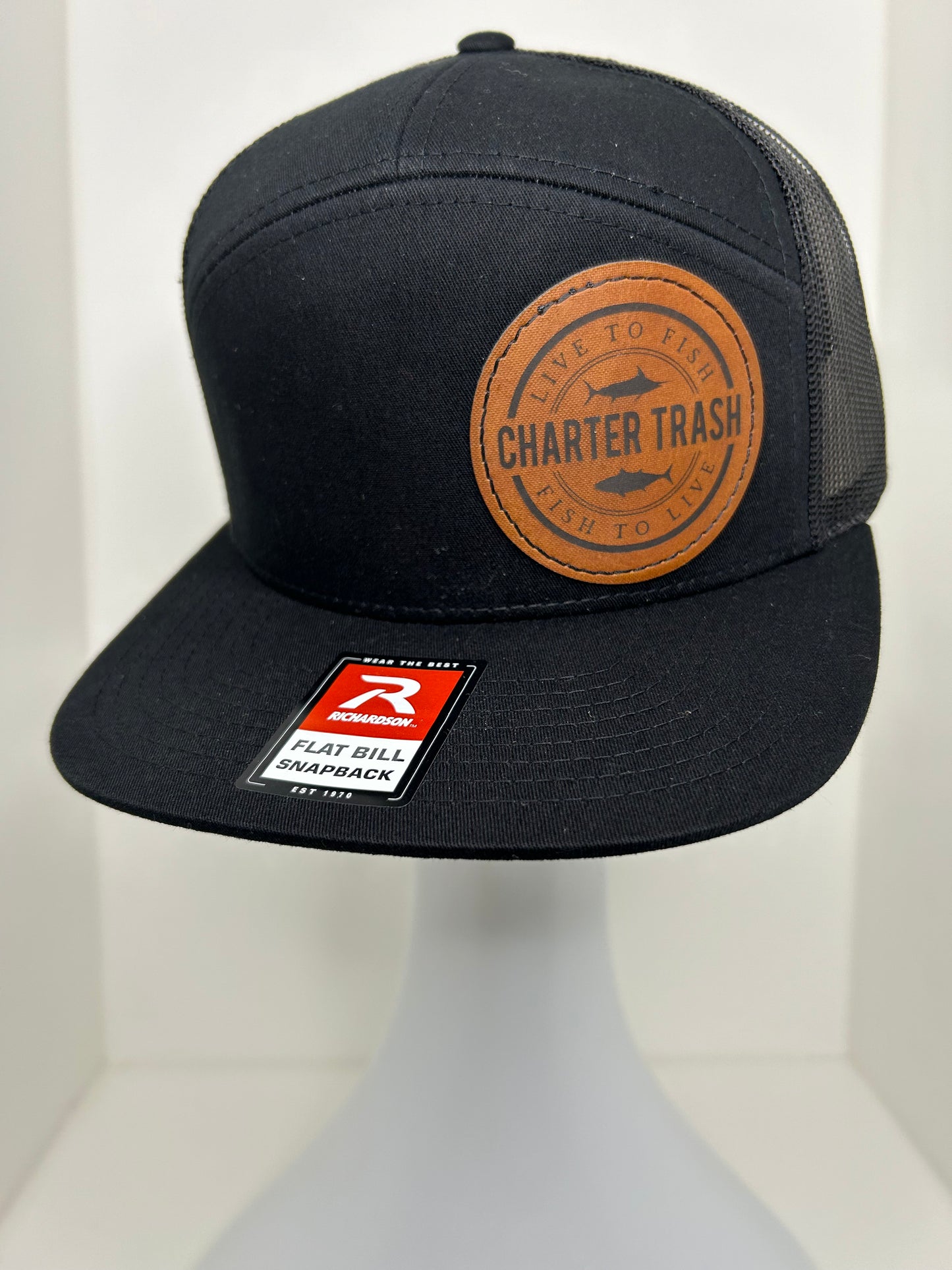 Richardson 168 Black flat bill, OG logo brown Leather Patch hat