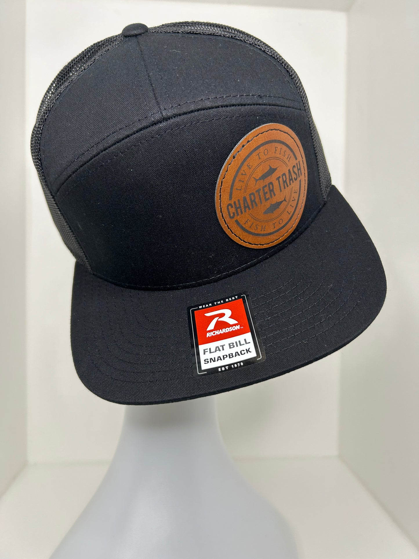 Richardson 168 Black flat bill, OG logo brown Leather Patch hat