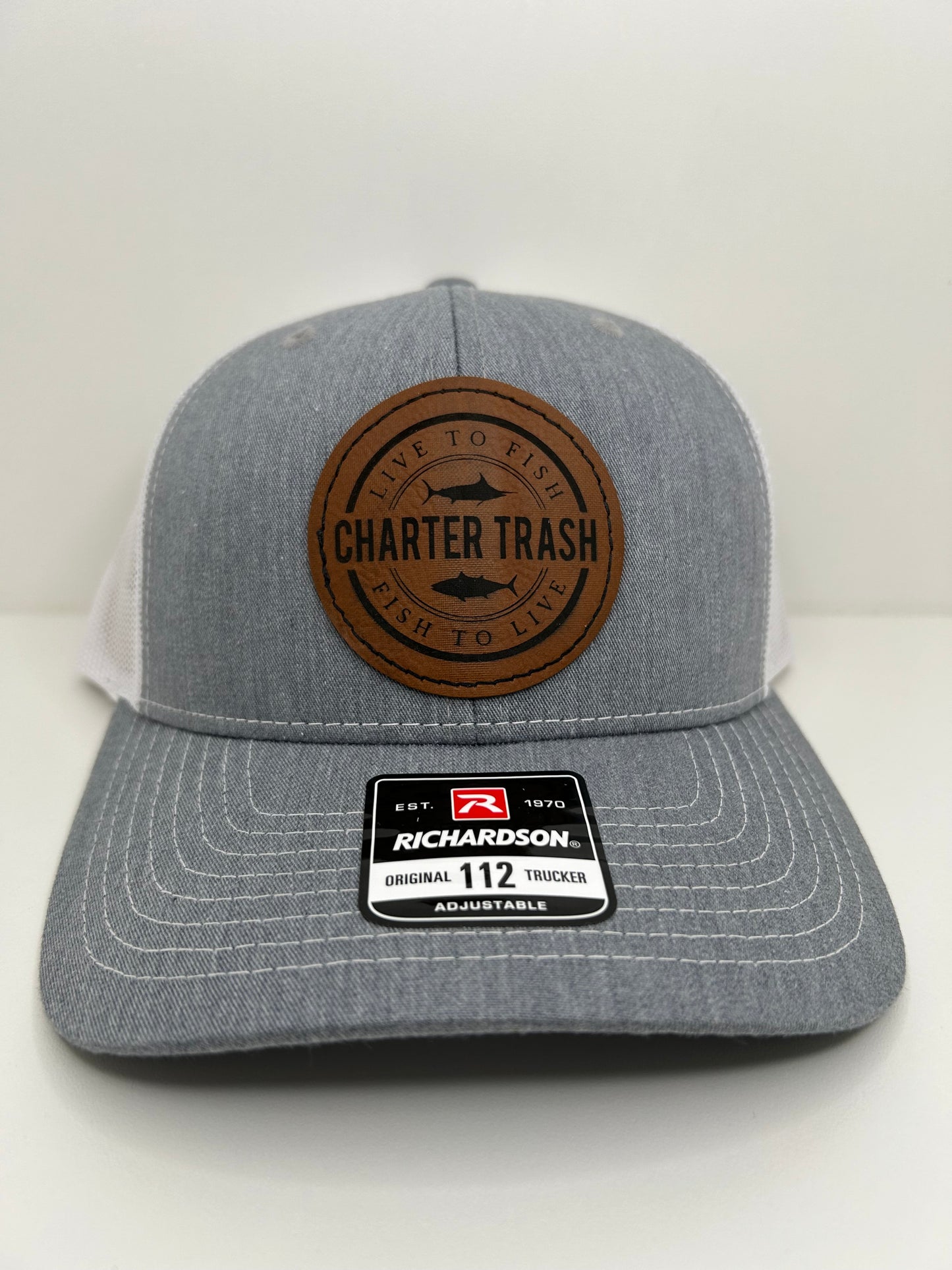 Richardson 112 Heathered gray, brown Leather OG logo patch hat (centered)