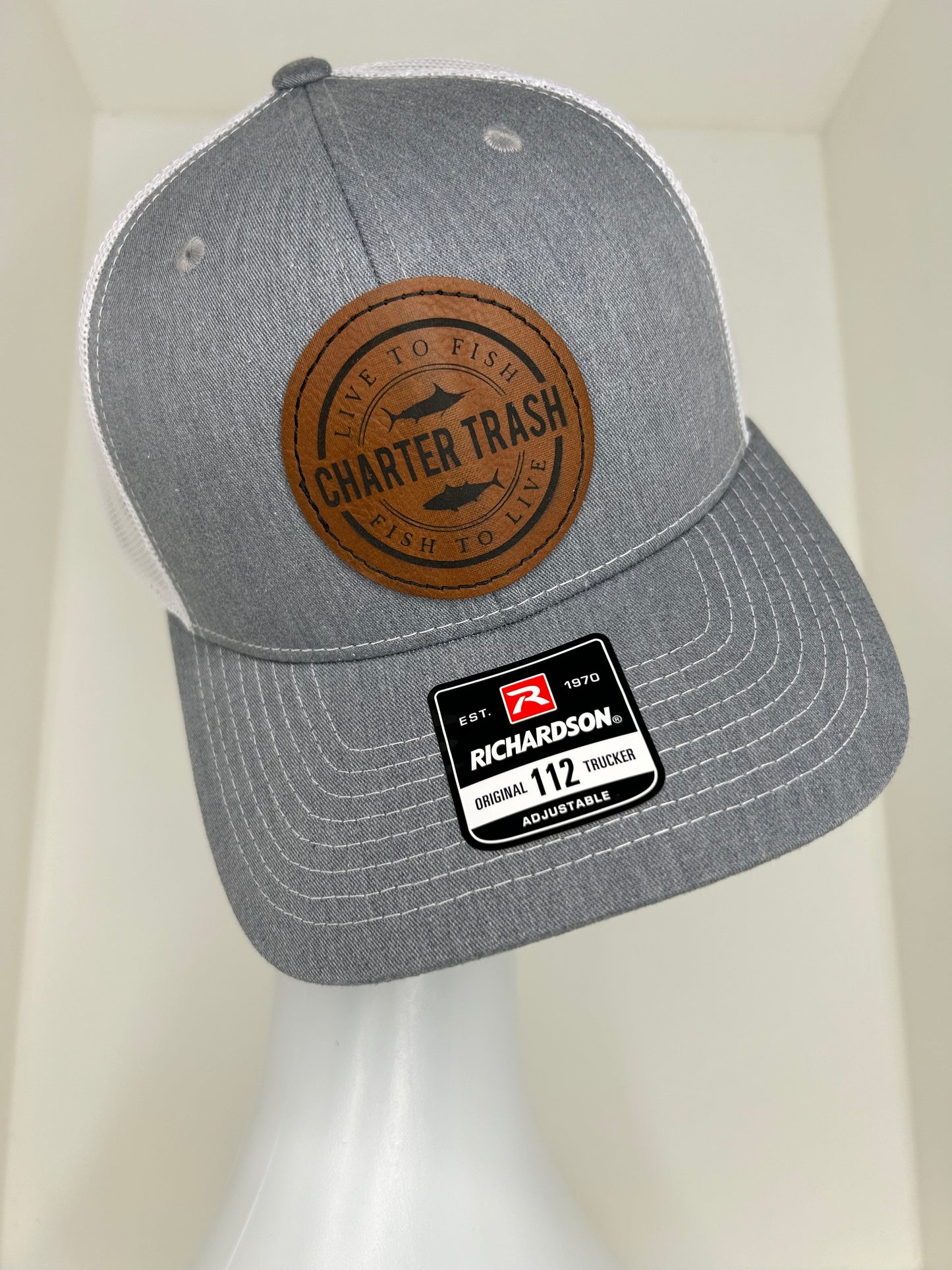 Richardson 112 Heathered gray, brown Leather OG logo patch hat (centered)