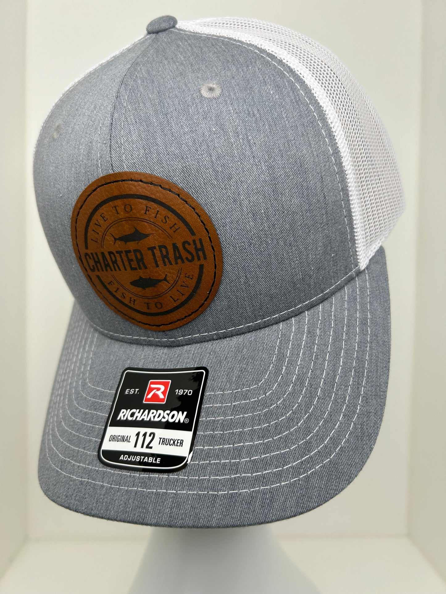 Richardson 112 Heathered gray, brown Leather OG logo patch hat (centered)