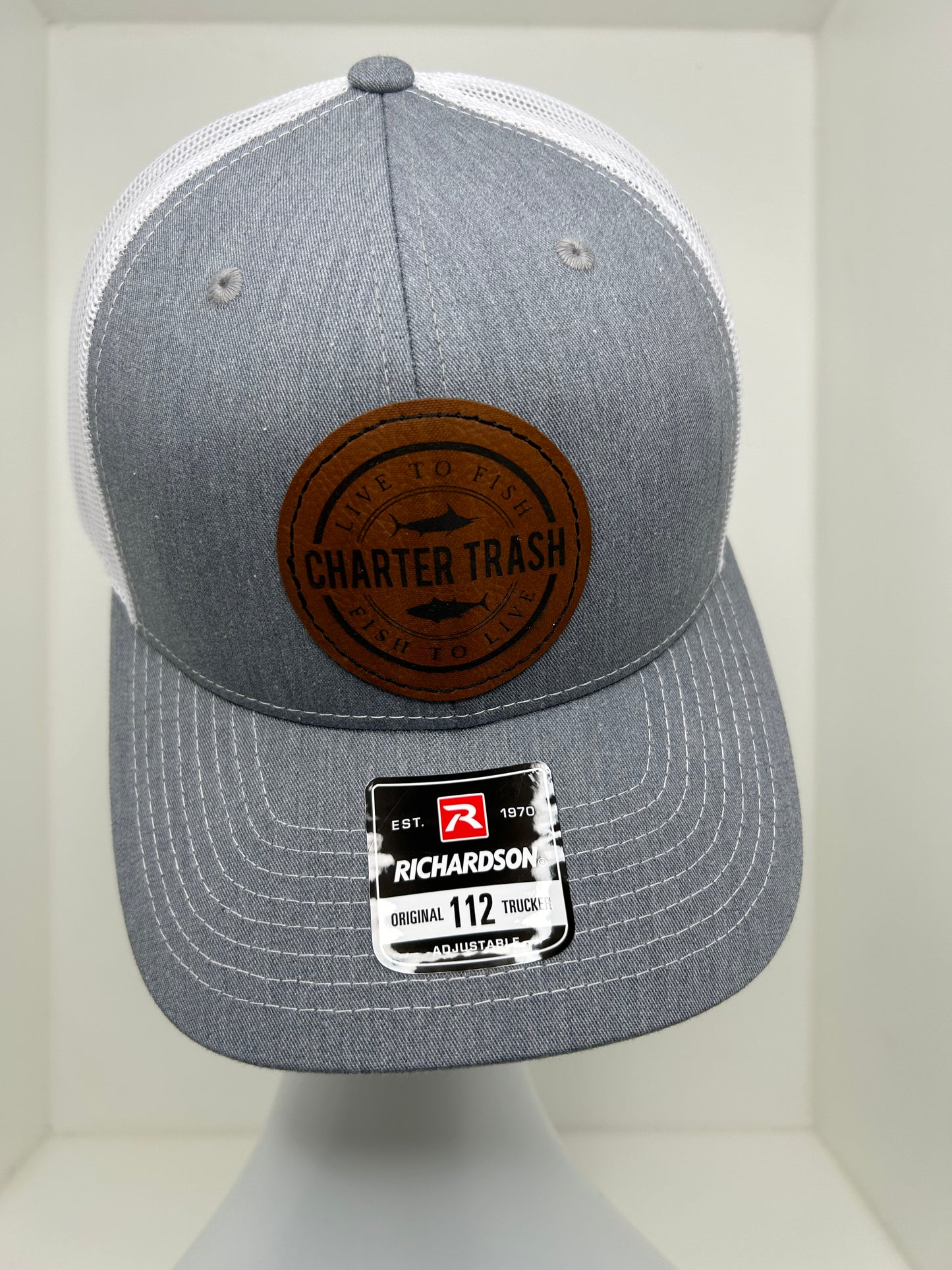 Richardson 112 Heathered gray, brown Leather OG logo patch hat (centered)