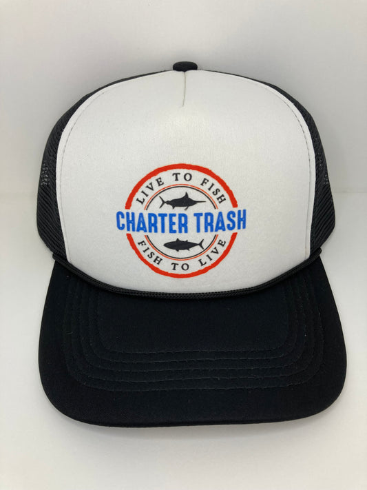 Black & White foam front trucker rope hat with OG Charter Trash logo