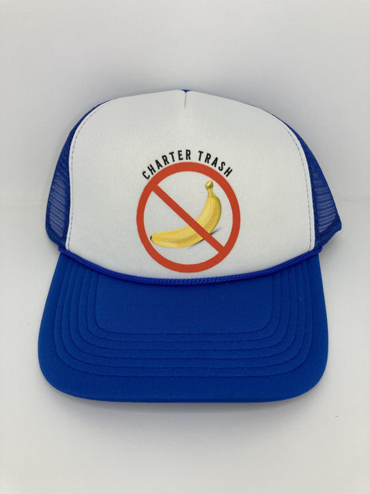 Blue and white foam front trucker hat with No Bananas logo