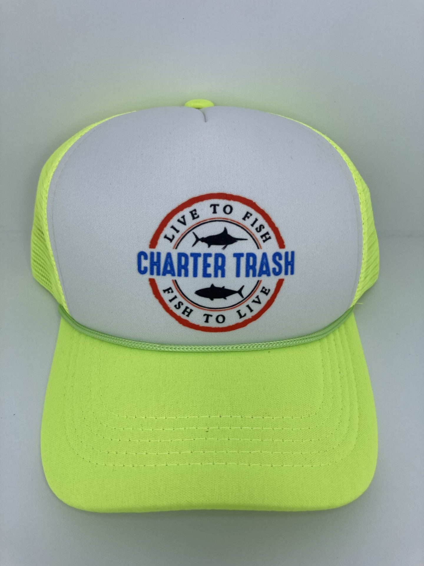 Neon Yellow (chartreuse) and white foam front trucker hat with OG Charter Trash logo