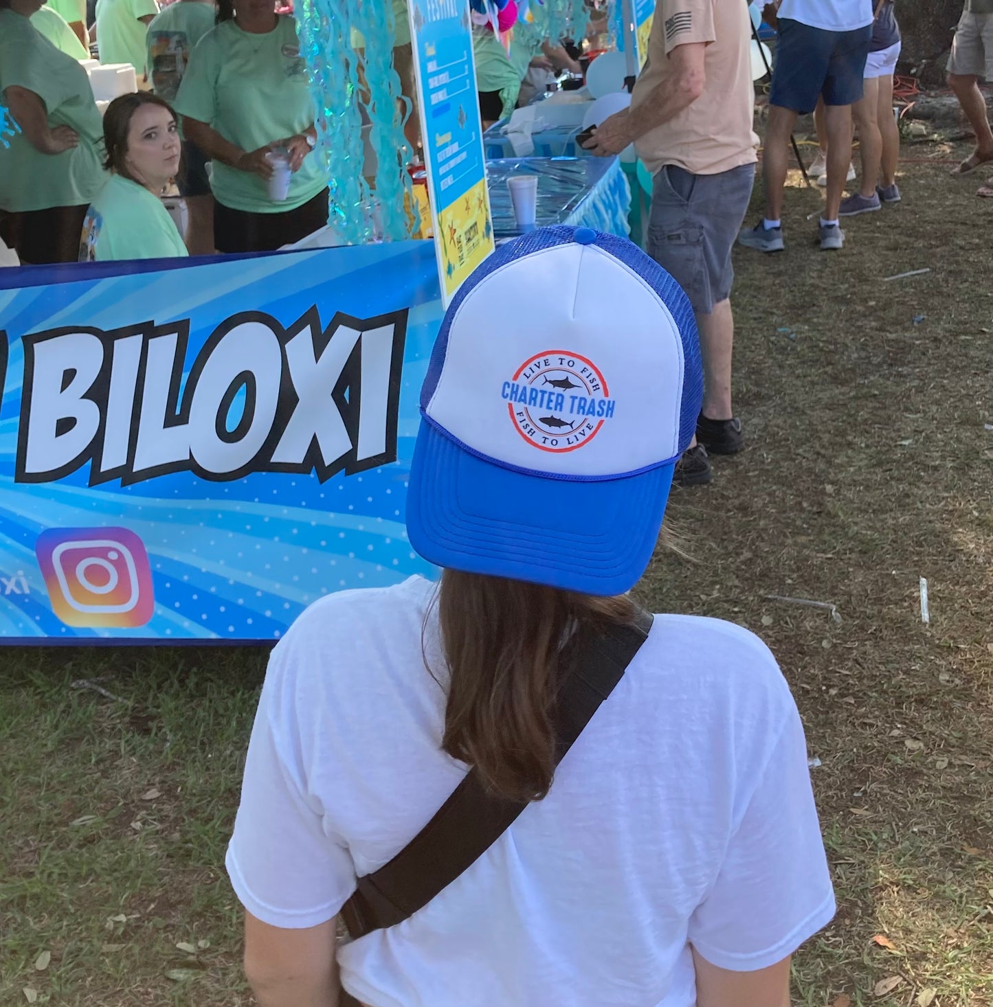 Baby blue and white foam front trucker rope hat with OG logo