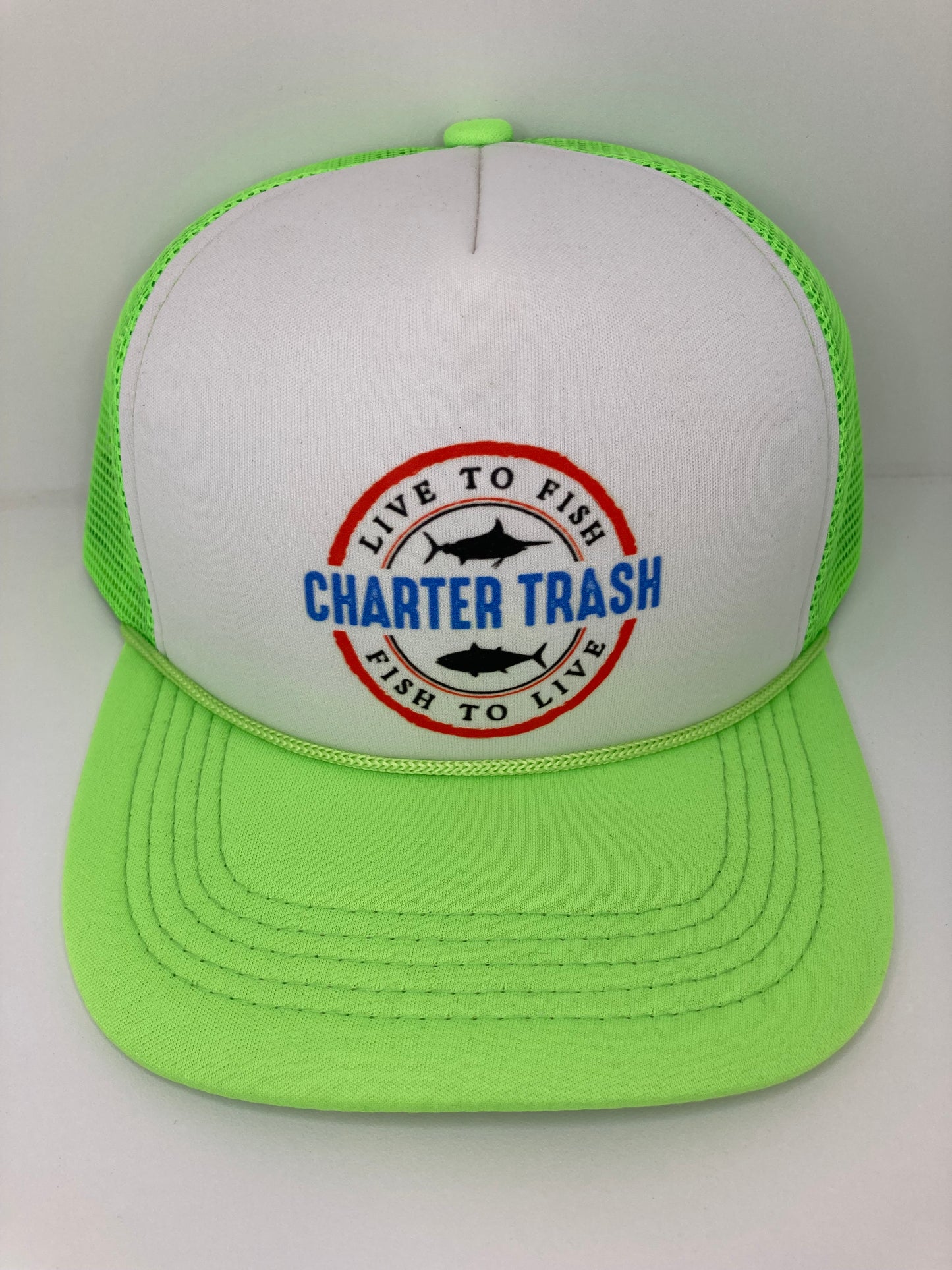 Neon Green & White foam front trucker rope hat with OG Charter Trash logo