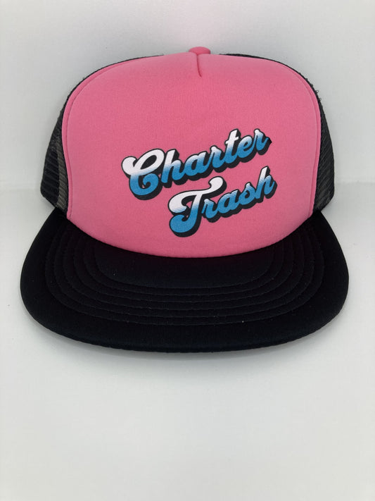 Pink & Black foam front, flat bill trucker hat with Charter Trash Text.