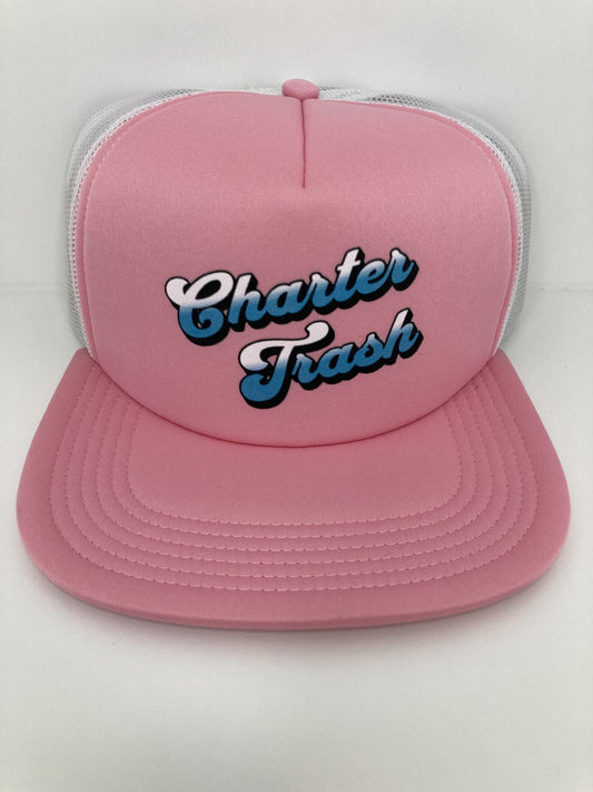 Pink & white foam front, flat bill trucker hat with Charter Trash Text.