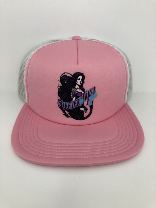 Pink & white foam front, flat bill trucker hat with mermaid.