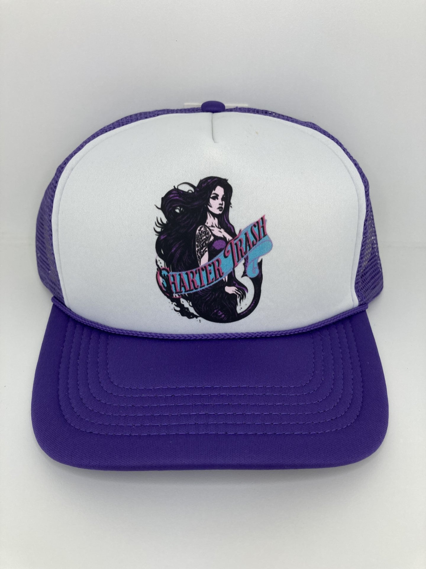 Purple & white foam front, trucker rope hat with mermaid