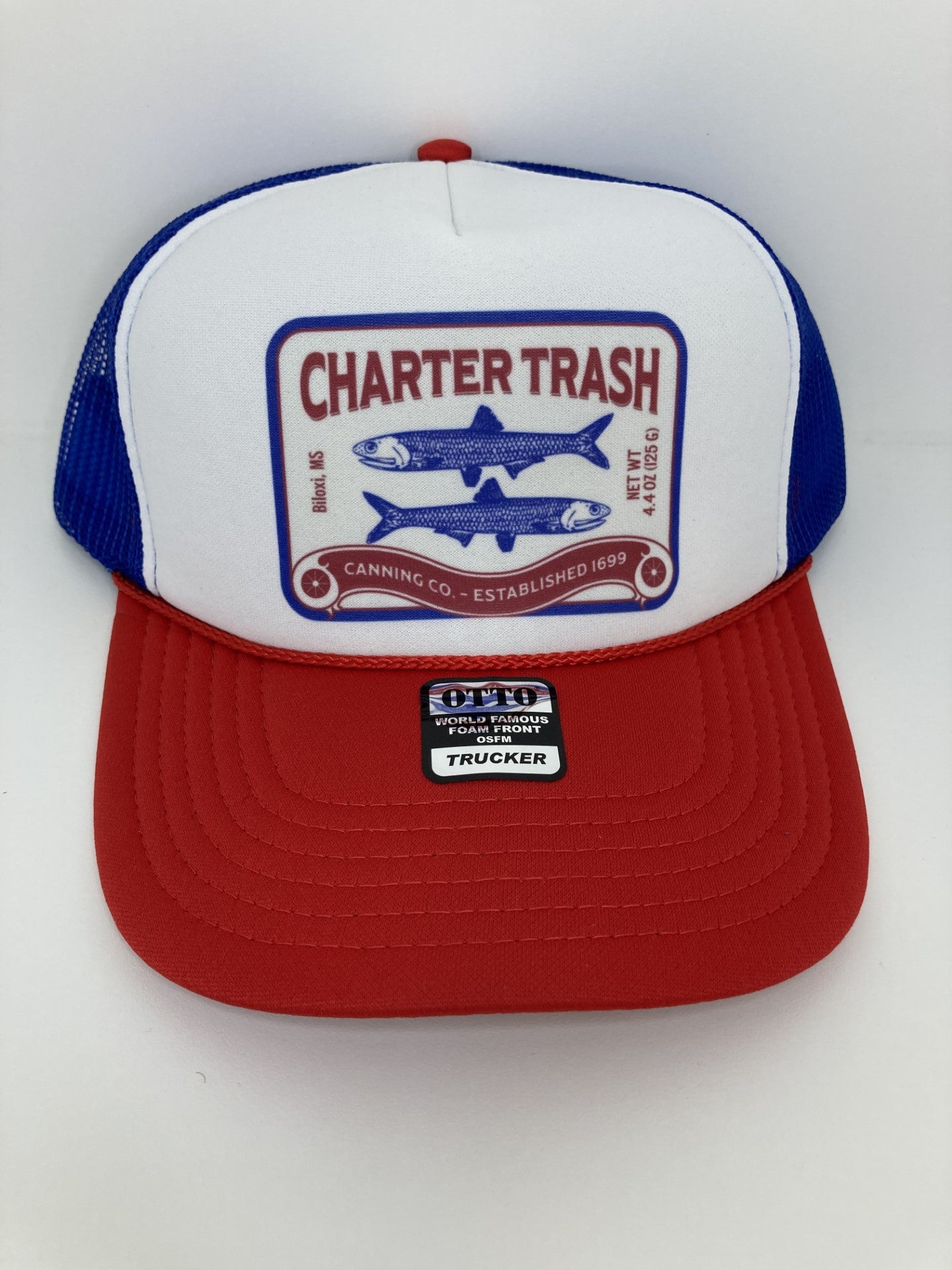 Red white and blue foam front trucker hat with Charter Trash sardine logo.