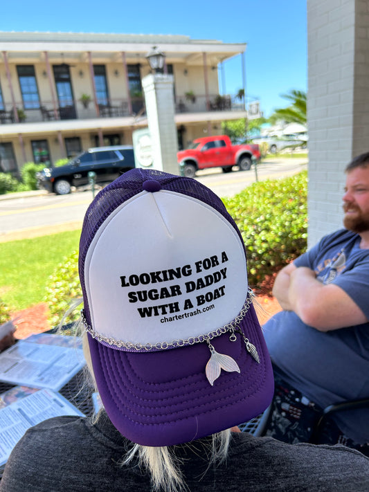 "Looking for a sugar daddy with a boat" Pink & white foam front, flat bill trucker hat